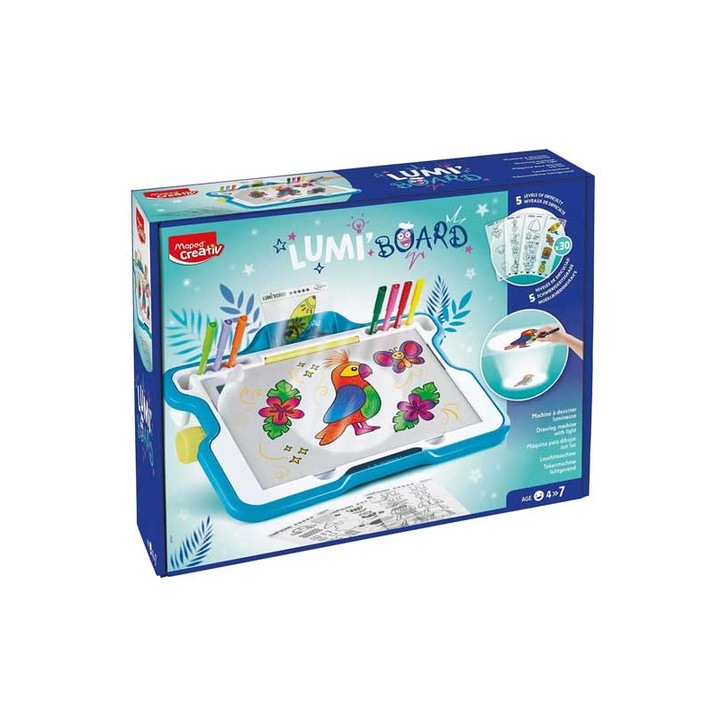 Светлинна дъска Maped Creative, комплект с 30 картончета, 12 маркера Ocean, 250 листа, 40x31x10,5см, многоцветен