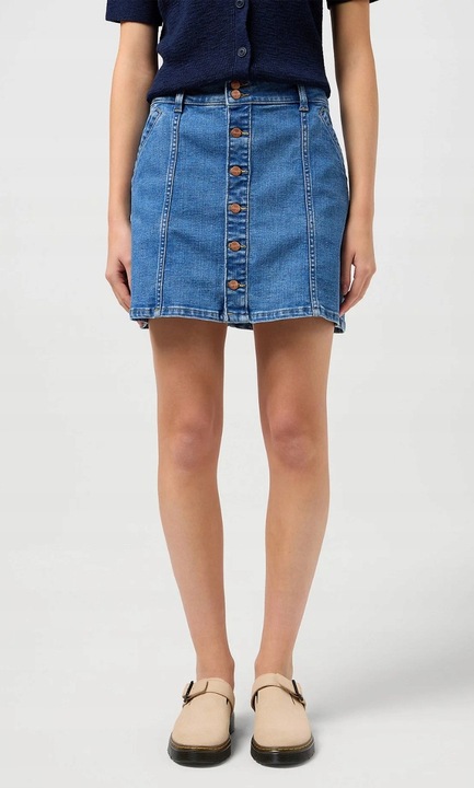 Fusta denim mini, Wrangler, bumbac/poliester, albastru, elasticitate, doua buzunare