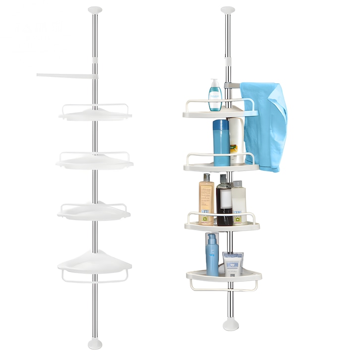 Телескопичен рафт за баня, Ъглов, 4 регулируеми нива, неръждаема стомана, монтаж без пробиване, закачалка за кърпи, максимална височина 320 см, 15 кг, с обяснително видео за монтаж