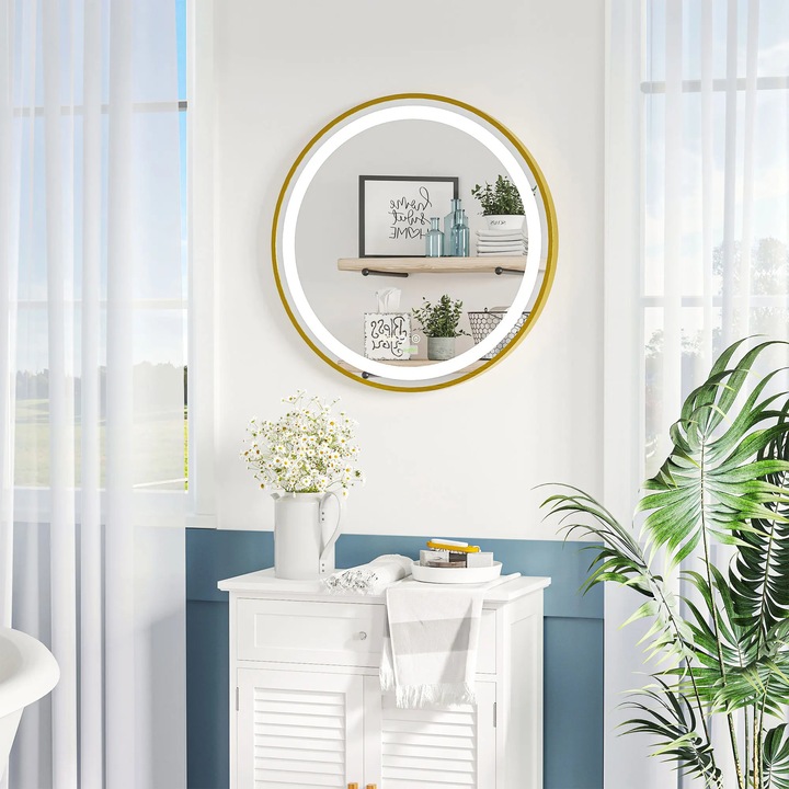 Огледало за баня, с LED, 60x4 см, 3 цвята, златна рамка, за стенен монтаж