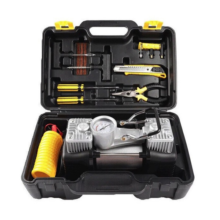 Compresor aer, auto, 150 PSI, 70 L/min, 12 V, lanterna, buton On/Off, manometru analog, Kit reparatie pana, set de scule, 7 accesorii, solutie rapida si eficienta pentru anvelope