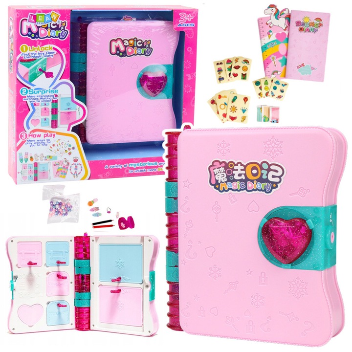 Jurnal secret cu lacat, accesorii pentru bratari, roz, 20x17x5cm, set