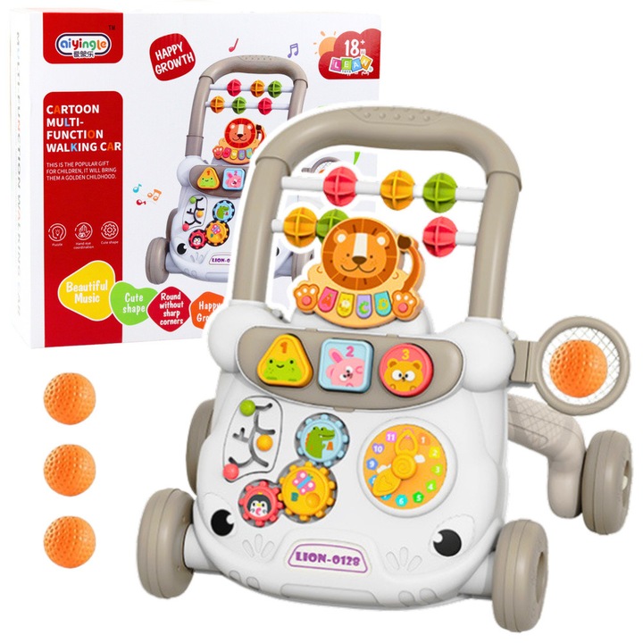 Lean Toys interaktív járókeret állatokkal, kockákkal, órával, szürke, 49x41x33cm