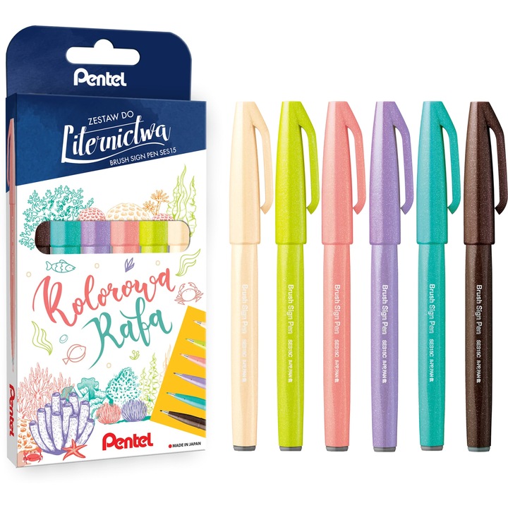 Set 6 Markere Brush Pentel pentru Caligrafie, Multicolor, 5mm, 2,07mm