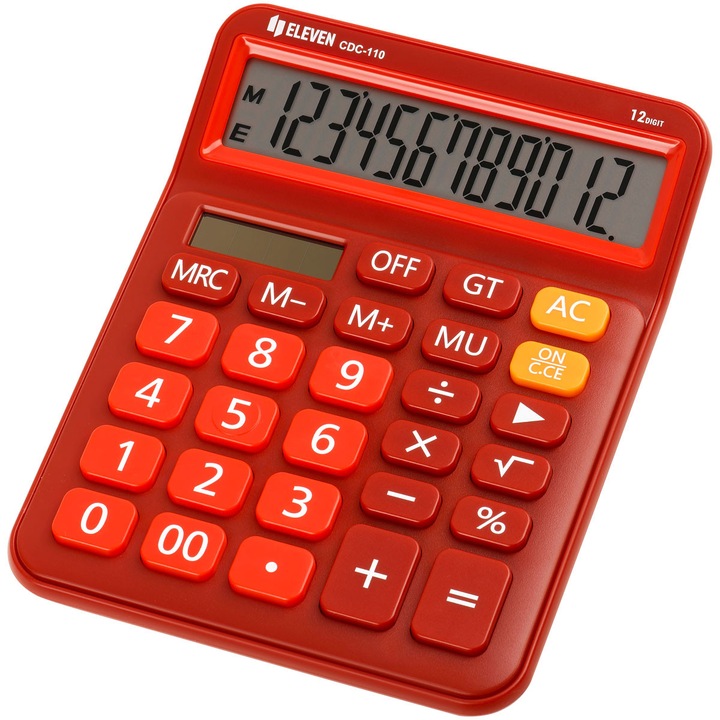 Calculator de birou Eleven CDC-110RDE, rosu, cu alimentare solara, dimensiuni compacte