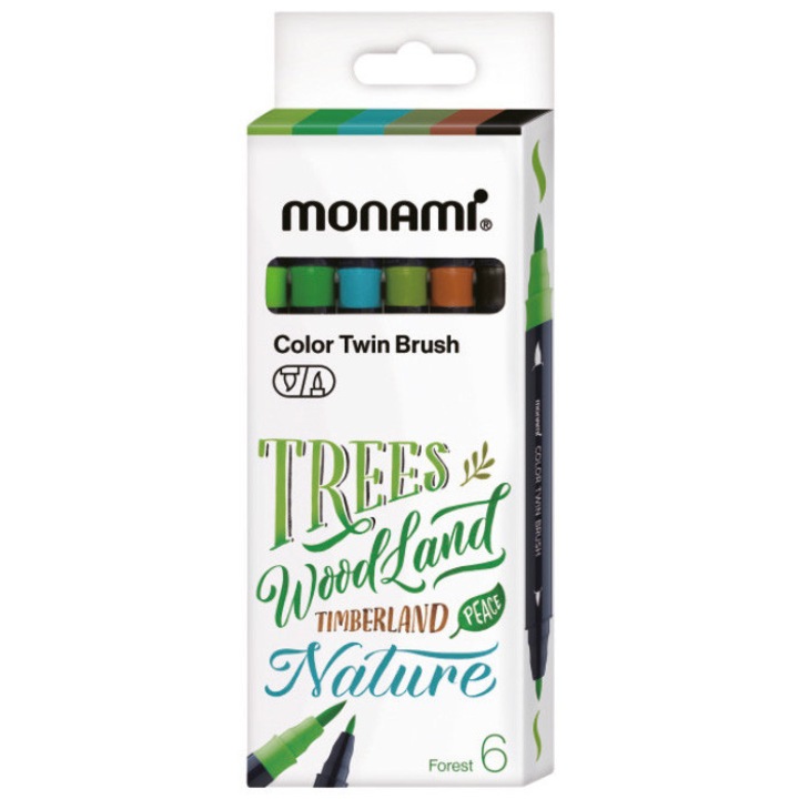 Set de 6 Markere Duble cu Varf de Pensula Monami, Multicolor, 200m lungime de scriere