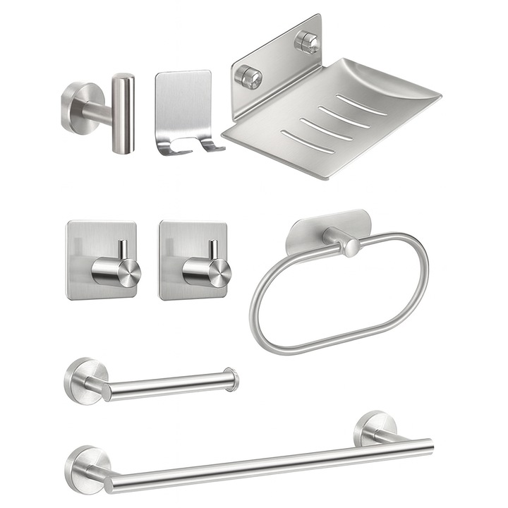 Set 8 Suporturi pentru ProsoapeTaotigzu, Accesorii pentru Baie din Otel Inoxidabil Montate pe Perete, Argintiu, Suport prosoape Metal
