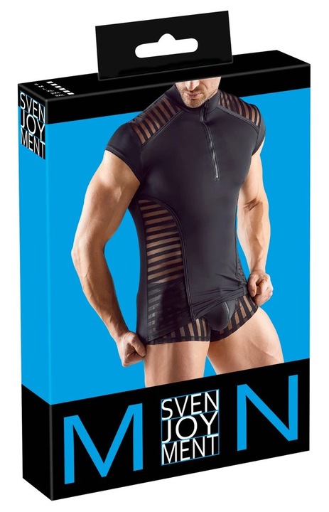 Tricou barbatesc Svenjoyment, negru, guler ridicat, fermoar scurt, insertii transparente, S INTL