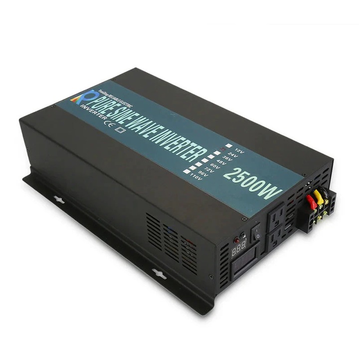 Tiszta szinuszhullámú inverter 2500 W-os 12 V-ról 220 V-ra átalakító, fekete