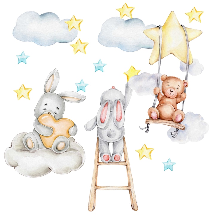 Autocolante de perete, Decoratiuni pastelate pentru camera bebelusului, Folie pvc autocolanta, Dimensiunea foii 50x100 cm, Set cu elemente - iepurasi, Nori, Stele, Ursulet, Multicolor