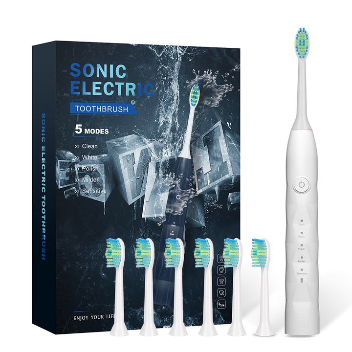 Електрическа четка за зъби, с магнитна технология и микровибрация, 38 000 пулсации/мин, 5 режима на почистване, IPX7, батерия 1200 mAh, може да се използва 70 дни, зареждане през USB, 6 бели глави за четка