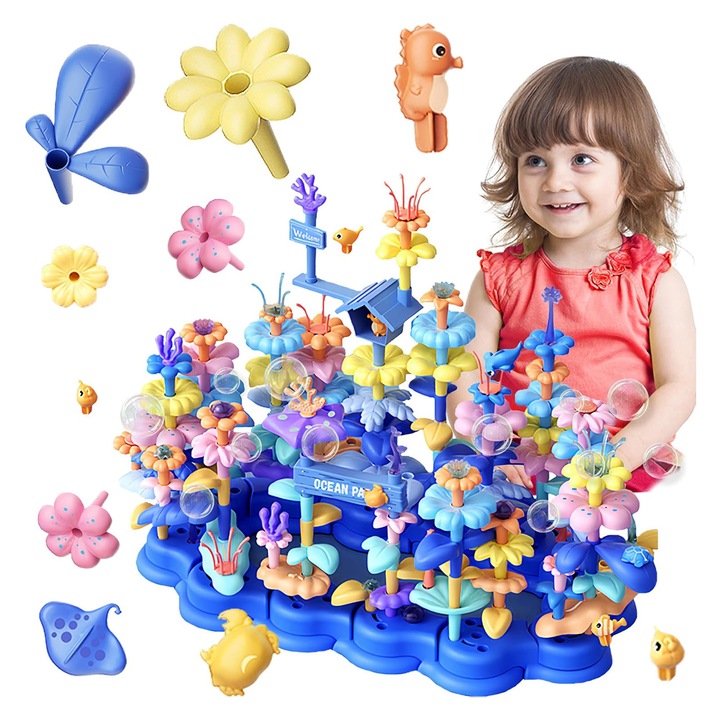 Mini virág építőkocka készlet, ZGGZERG, 136 darabos, tárolódobozzal, 3D konstrukciók, nem mérgező szilárd anyag, oktatási/kreatív, lakberendezés, botanikai gyűjtemény, 3+ éves gyermekeknek, műanyag, 40,5 * 26,5 * 22 cm, többszínű