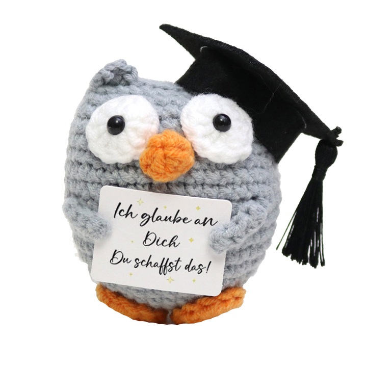 Jucarii tricotate bufnita, ZGGZERG, Crosetata Manual, Gata facuta, Cu Carduri Inspirationale "Ich glaube an dich du schallst das!", Decor Birou/Casa & Suport Emotional, Jucarie Emotionala Anti-Stres pentru Adulti si Copii, Fire, 65*90mm, Gri