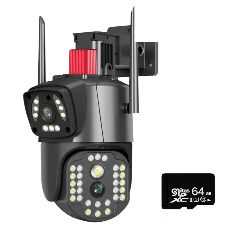 Двойна MOSMAOO® WIFI камера за наблюдение, 6MP HD, 10x цифрово увеличение, външно/вътрешно, цветно нощно виждане, светещи светодиоди, двупосочна комуникация, сензор за движение, аларма, с 64 GB карта памет, Черен