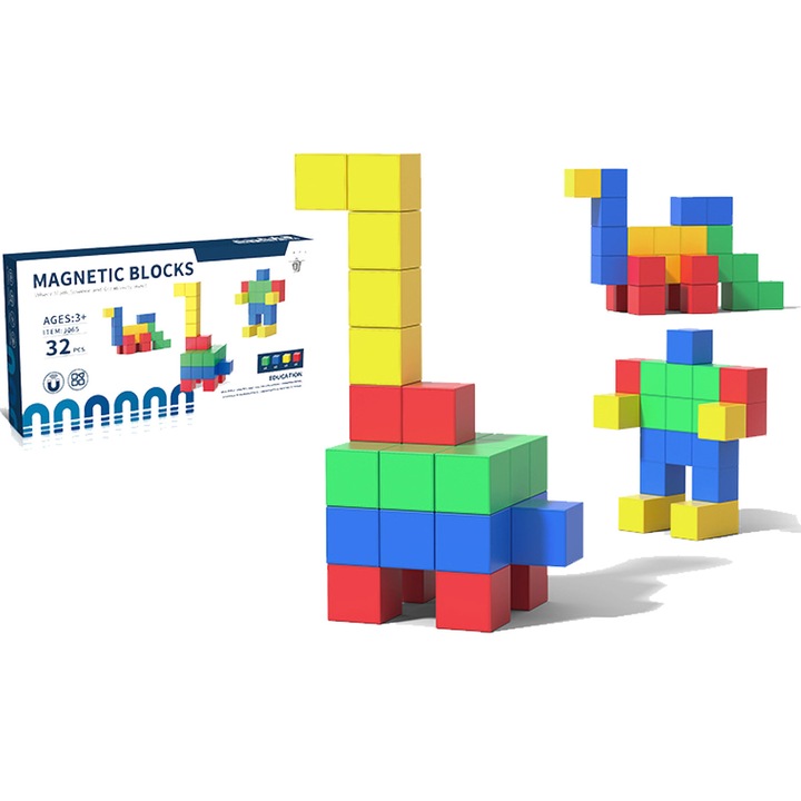 Set de Constructie magnetica, ZGGZERG, Cuburi magnetice, 32 piese, 4 culori, Nontoxice, Blocuri sigure si puternice, Pentru Copii de 3 ani+, Design Flexibil, Relaxare Creativa si Mindfulness, BPA Free, Plastic, 190*28*100mm, Multicolor