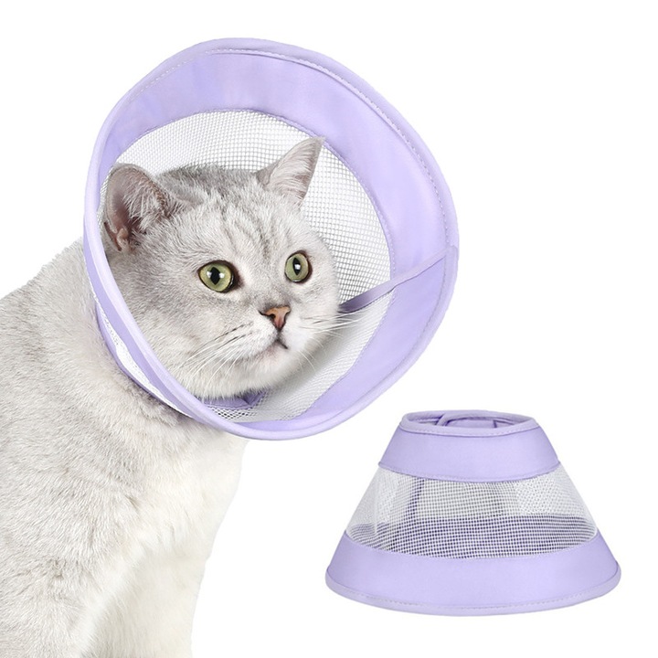 Állítható védőnyakörv macskáknak, műtét utáni felépüléshez, nyalásgátló, harapásgátló, puha és lélegző, összecsukható, lila, M-es méret