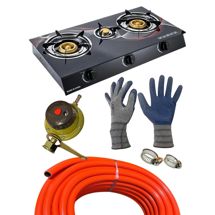 Pachet aragaz cu plita din sticla securizata, furtun gaz 2.4 m si 2 coliere, regulator de presiune cu reglaj model 60, manusi de lucru 4757, AVI-3887