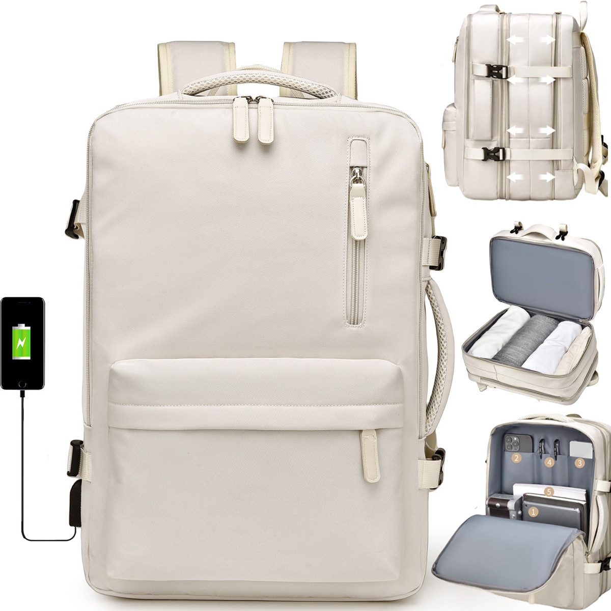 Rucsac pentru laptop Camaterlot, extensibil, laptop de 15 "6", omologat avion, cu port USB, impermeabil, multifunctional, ideal pentru calatorii/afaceri/facultate，Aproape Alb