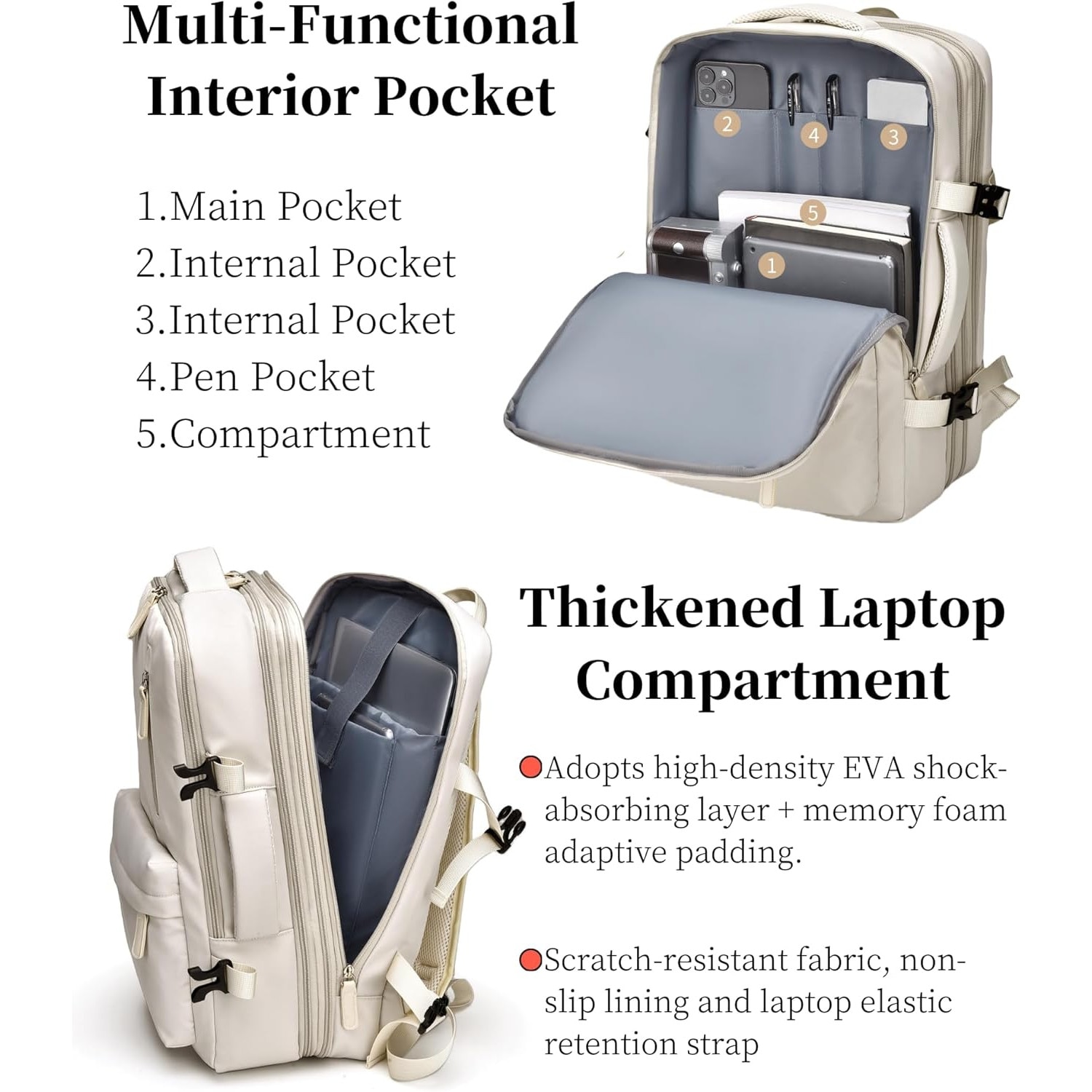 Rucsac pentru laptop Camaterlot, extensibil, laptop de 15 "6", omologat avion, cu port USB, impermeabil, multifunctional, ideal pentru calatorii/afaceri/facultate，Aproape Alb