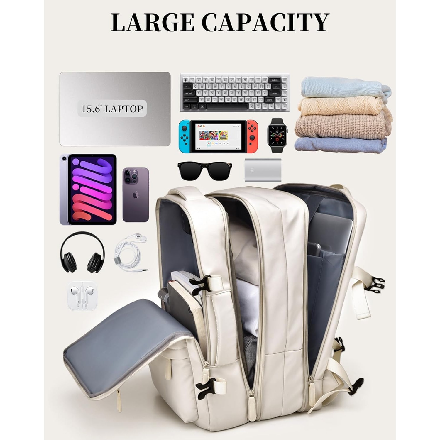 Rucsac pentru laptop Camaterlot, extensibil, laptop de 15 "6", omologat avion, cu port USB, impermeabil, multifunctional, ideal pentru calatorii/afaceri/facultate，Aproape Alb