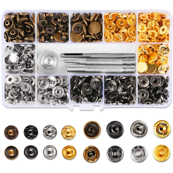 Lot de 60 Capse Metalice Jersey, Frumos, Cu instrumente de operare si cutie de depozitare, potrivit pentru tricotaje, blugi, rucsacuri, jachete si pantaloni, Multicolor