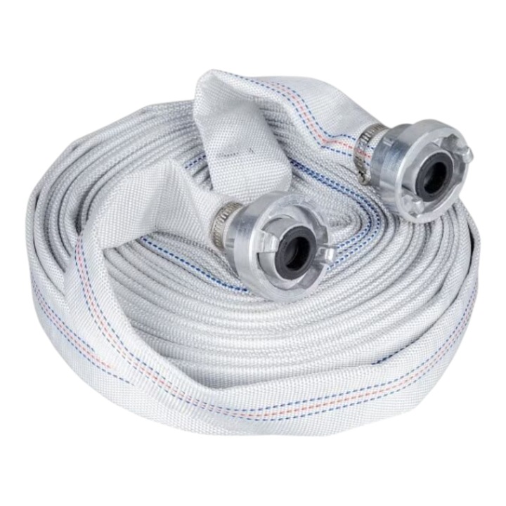 TATTA TT-C-2016 leeresztő tömlő, 2 hüvelyk átmérőjű, 20 m-es tekercs, fém csatlakozók, PENDAN, kívül és belül PVC bevonat