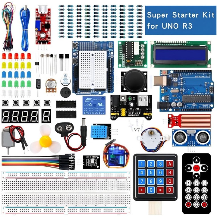 Kit de programare Arduino UNO R3, Pentru incepatori, LCD1602, Display LCD, motor pas cu pas, servo motor SG90, Multicolor