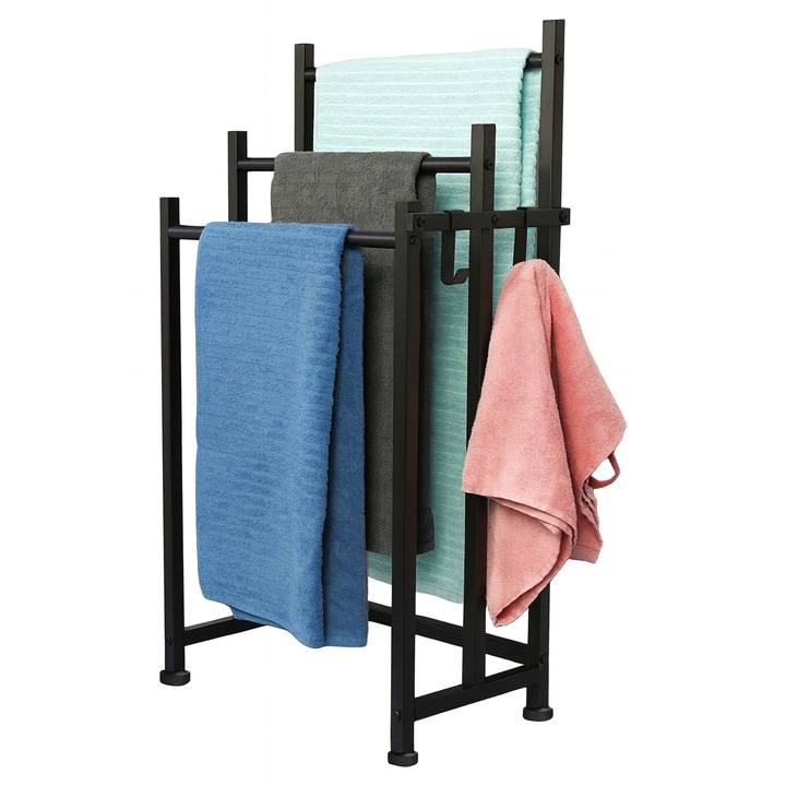 Raft pentru prosoape independent Taotigzu, 3 nivele, suport pentru patura, suport metalic industrial cu raft,43.1 x 27.9 x 81.1cm, Negru, Suport prosoape Metal