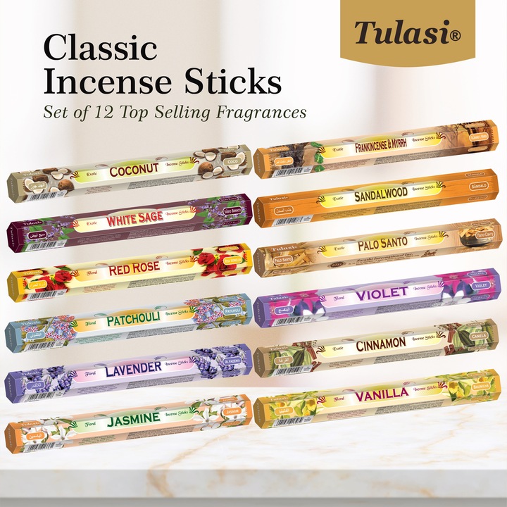 Set cadou cu tamaie clasica Tulasi, 12 parfumuri
