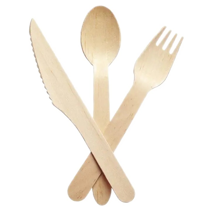 Tacamuri de unica folosinta din lemn Elena 100 linguri + 100 cutite + 100 furculite