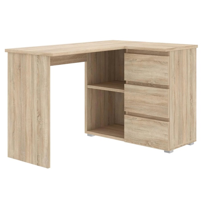 Ъглово бюро Norge с 3 чекмеджета и 2 рафта, 124x89x75 см, дъб