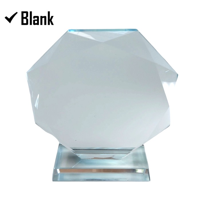 Trofeu din sticla cristal octogon, tip blank pentru personalizat, cu baza incorporata pentru suport si cutie cadou, 14 cm inaltime