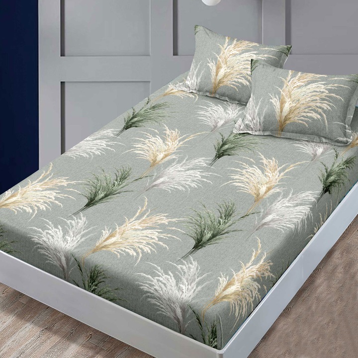 Комплект чаршафи с еластична лента Finet Gros NufJoy® за матрак 160x200 см и 2 калъфки за възглавници 50x70 см, сиво-зелен