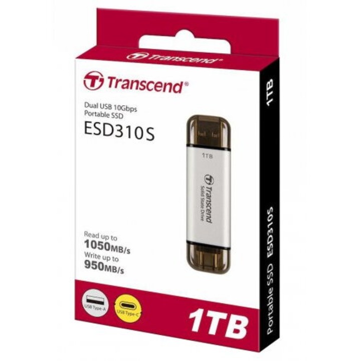 Външен SSD диск Transcend ESD310S 1TB USB 3.2 Type-C/A, сребрист