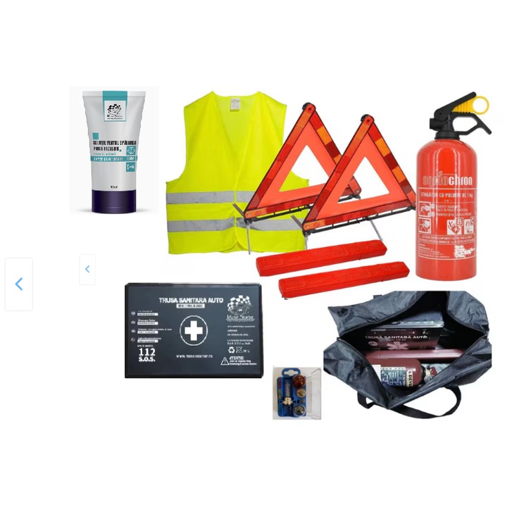 Kit complet omologat Motor Starter - trusa medicala omologata, 2 x triunghi reflectorizant, vesta, stingator cu pulbere P1, set sigurante cu bec H7, concentrat lichid parbriz vara