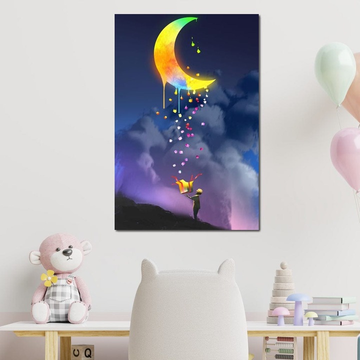Премиум картина върху платно, LuxCanva® K1001, Даряващата луна, 40 X 60 см, 100% памучно платно 400 г/м2, дървена рамка, дъга, небе, магия, кутия, дете, дъжд, звезди, нощ, даряване, звездно, сън, въображение, детска стая