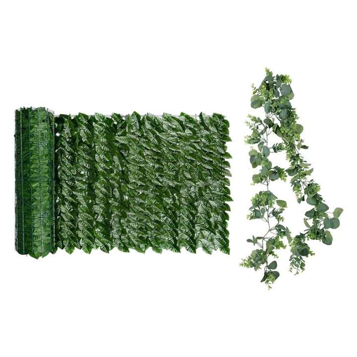 Set Gard Paravan Viu cu Frunze Artificiale, Verde Inchis, 300cm x 100 cm + 1 Ghirlanda Decorativa