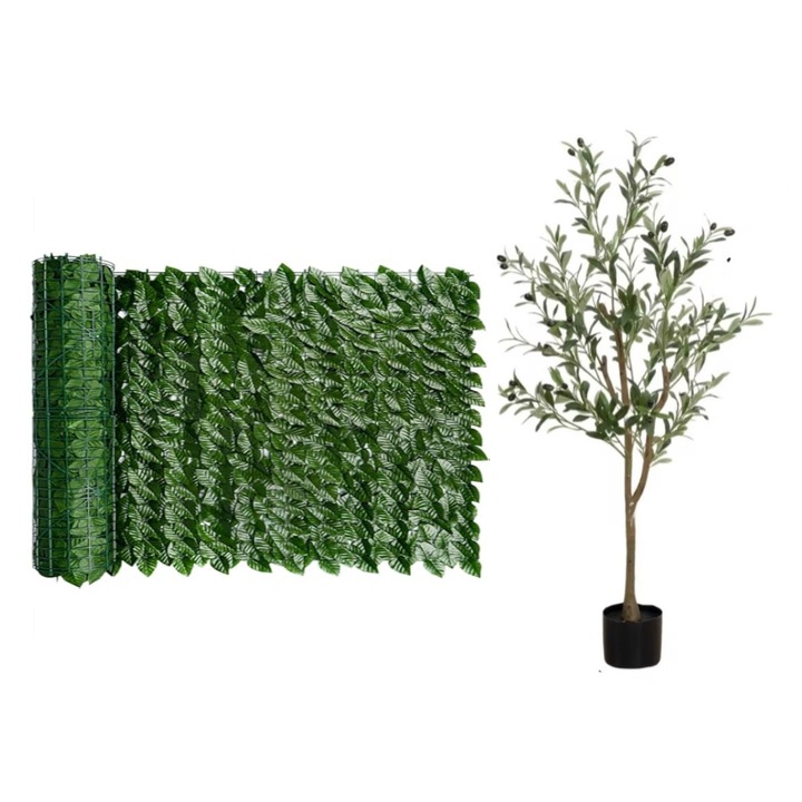 Set Gard Paravan Viu cu Frunze Artificiale, Verde Inchis, 300cm x 100 cm + Maslin Artificial in Ghiveci 120cm