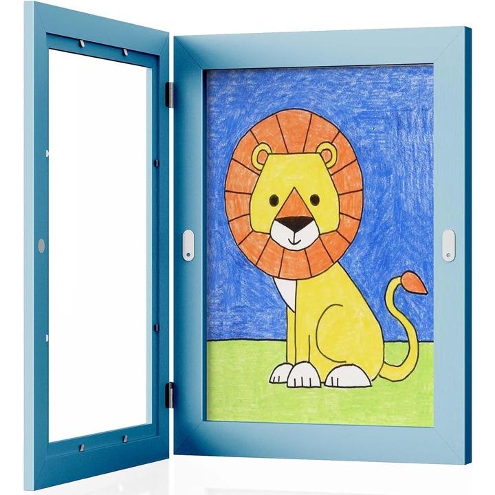 Képkeret gyerekeknek, rajzok és festmények tárolására alkalmas, Fa, A4, Falra szerelhető vagy szabadon álló, Mágneses záródás, Kék, 25,2 x 32,5 cm