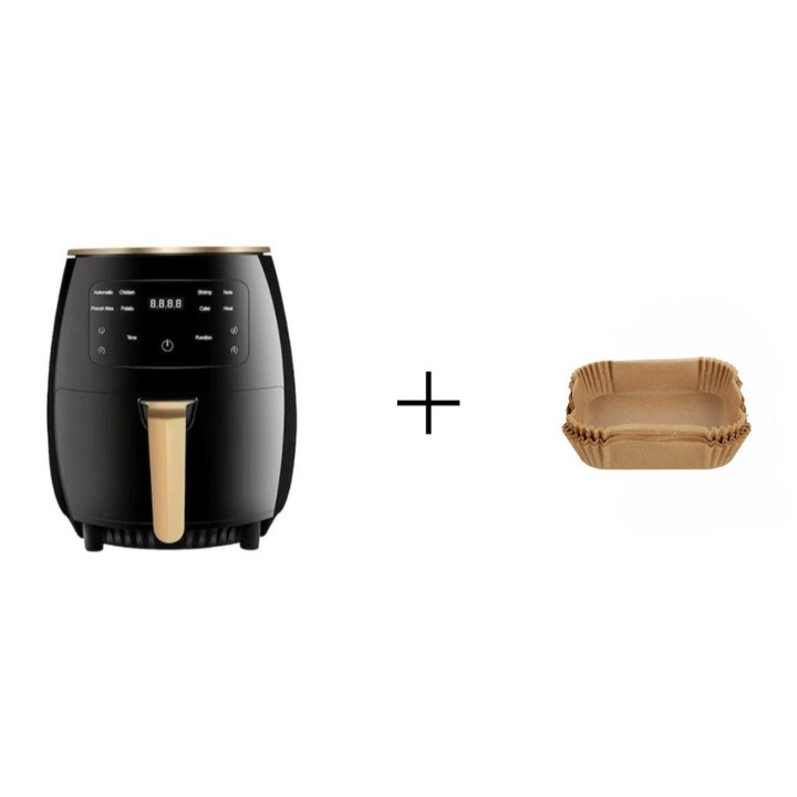 Meleglevegős fritőz, 2400 W, 6 l, LCD érintőképernyő, 6 program, fekete + 50 db-os sütőpapír szett légkeveréses fritőzhöz
