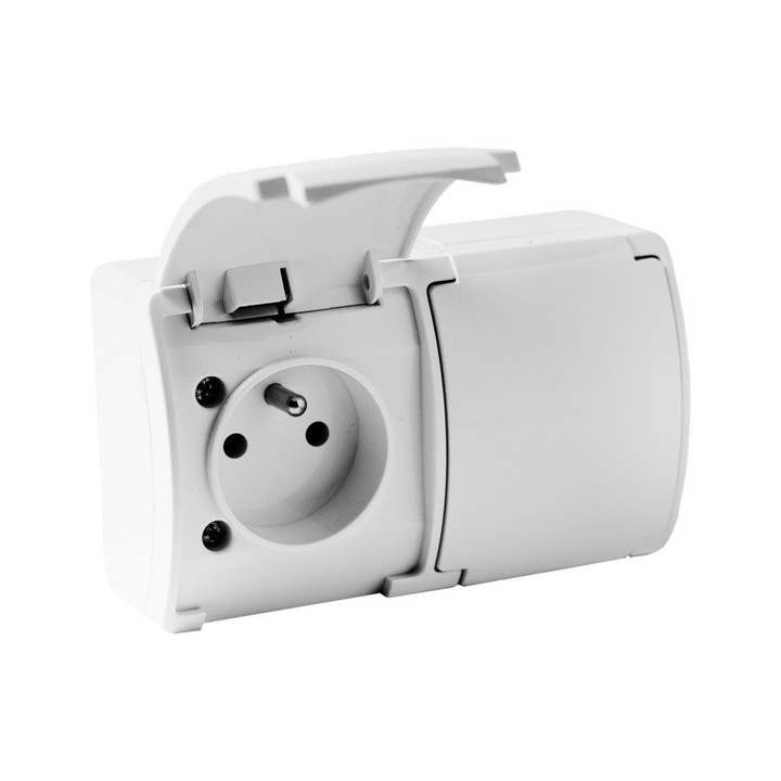 Gniazdo natynkowe duble cu uziemire 2x2P+Z, IP44, alb, 125x75x46mm