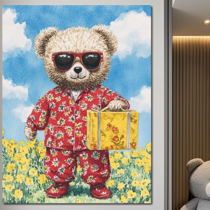 Tablou Canvas Premium, LuxCanva® K1002, Ursuletul In Vacanta, 45 X 60 CM, Panza Bumbac 100% 400g/m2, Sasiu Lemn, Geanta, Flori, Pijamale, Ochelari de Soare, Plus, Vacanta, Copilarie, Prieten, Aventura, Cool, Camera Copii