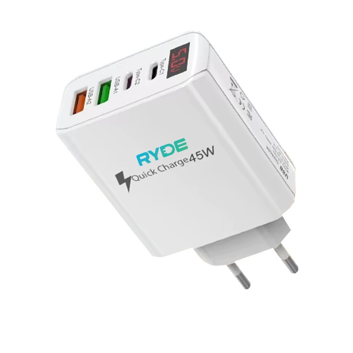 45 W-os gyorstöltő LED kijelzővel, 2x USB-C, 2x USB-A, telefonhoz, tablethez, GPS-hez, fehér