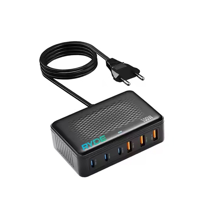 Incarcator rapid USB-C 100W cu 6 porturi incarcare simultana, ideal pentru laptop, tableta, telefon, Negru
