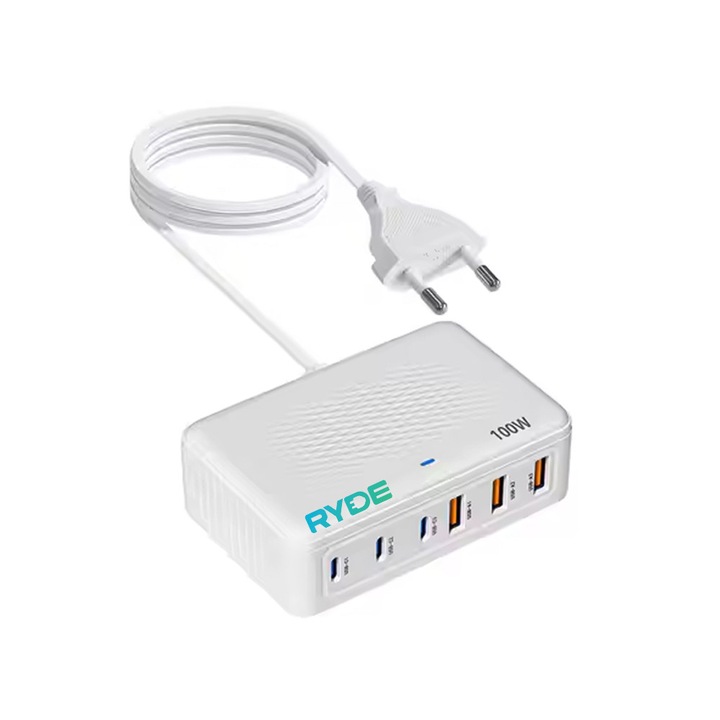 Incarcator rapid USB-C 100W cu 6 porturi incarcare simultana, ideal pentru laptop, tableta, telefon, Alb