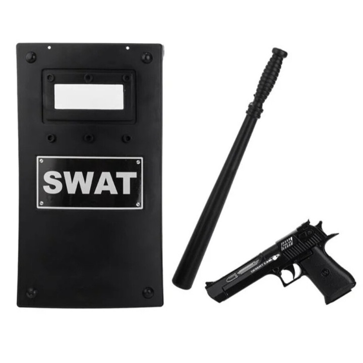 Set politist cu scut, pistol si baston, plastic, negru
