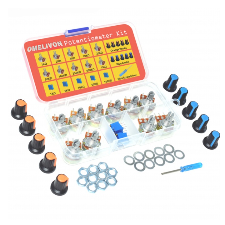 Set de Potentiometru Asortate, 21 Bucati, Diverse Valori, Cutie Organizatoare Inclusa