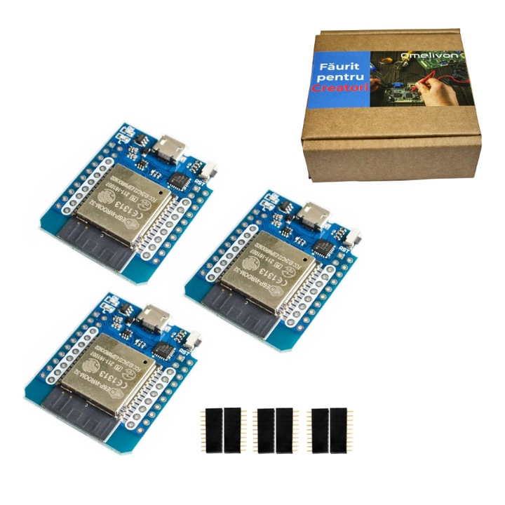 Set 3x Placa dezvoltare D1 Mini NodeMCU ESP8266-12F, modul WiFi, compatibil Arduino IDE si Wemos, micro USB, pentru prototipare IoT