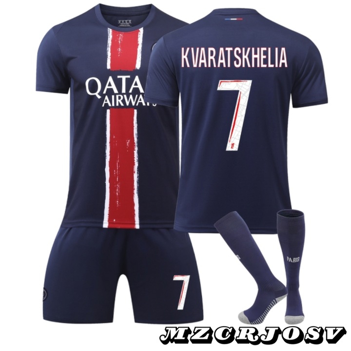 Echipament Sportiv Copii Paris Kvaratskhelia Fotbal Tricou Set, MzcrJosv®, Sezonul 2024/2025, Poliester, 120-130 CM, Albastru