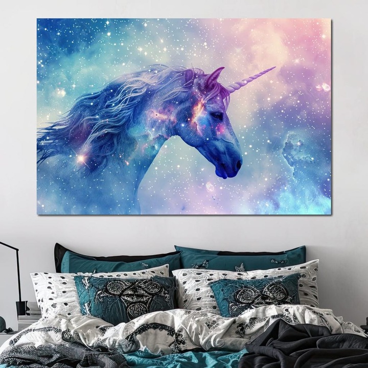 Премиум картина върху платно, LuxCanva® K1003, Галактически еднорог, 40 X 60 см, 100% памучно платно 400 г/м2, дървена рамка, небе, звезди, космически, сънища, вселена, съзвездия, фентъзи, омагьосващо, създание, фантастично, митично, детска стая